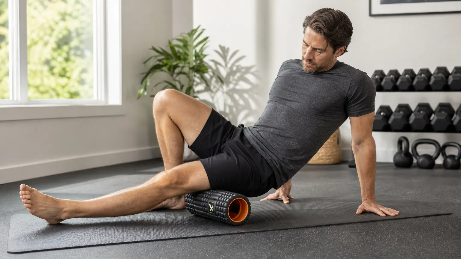 Close-up of hands gripping the TriggerPoint GRID 2.0 foam roller with the textured surface visible