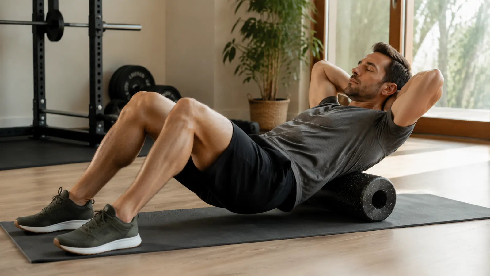 Athlete foam rolling quads on a gym floor before a training session