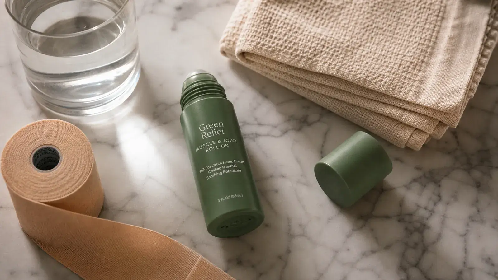 Biofreeze Professional roll-on bottle on a gym bench next to a pair of running shoes and a foam roller