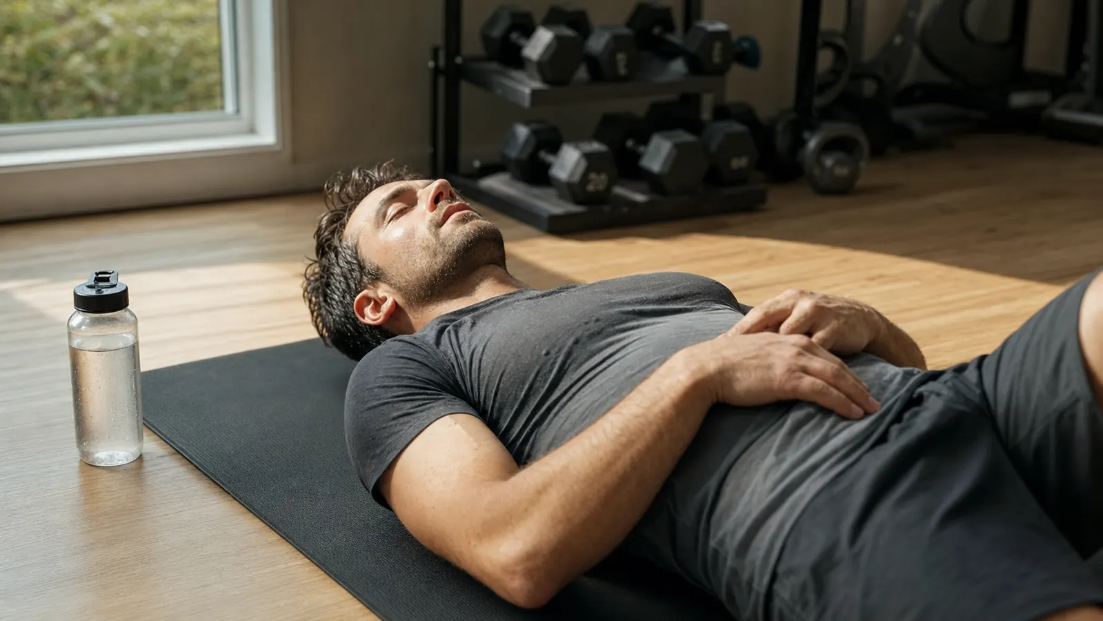 Athlete seated on a gym bench with full-leg pneumatic compression boots inflated around both legs, looking relaxed post-workout