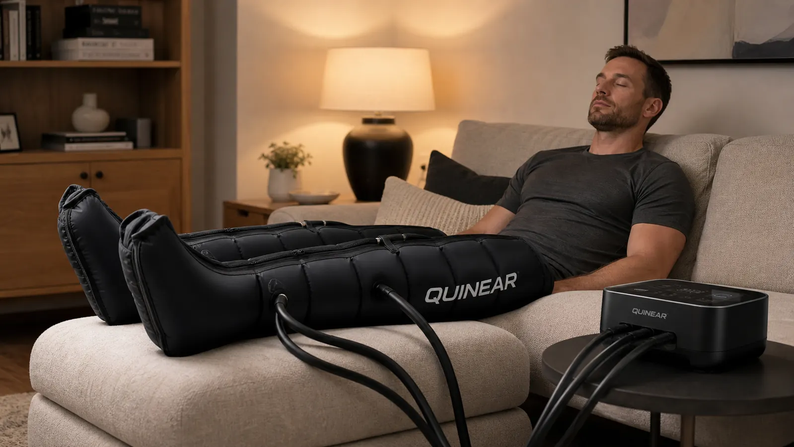 Flat lay showing the full QUINEAR system: two leg sleeves, controller unit, and carry bag spread out on a floor