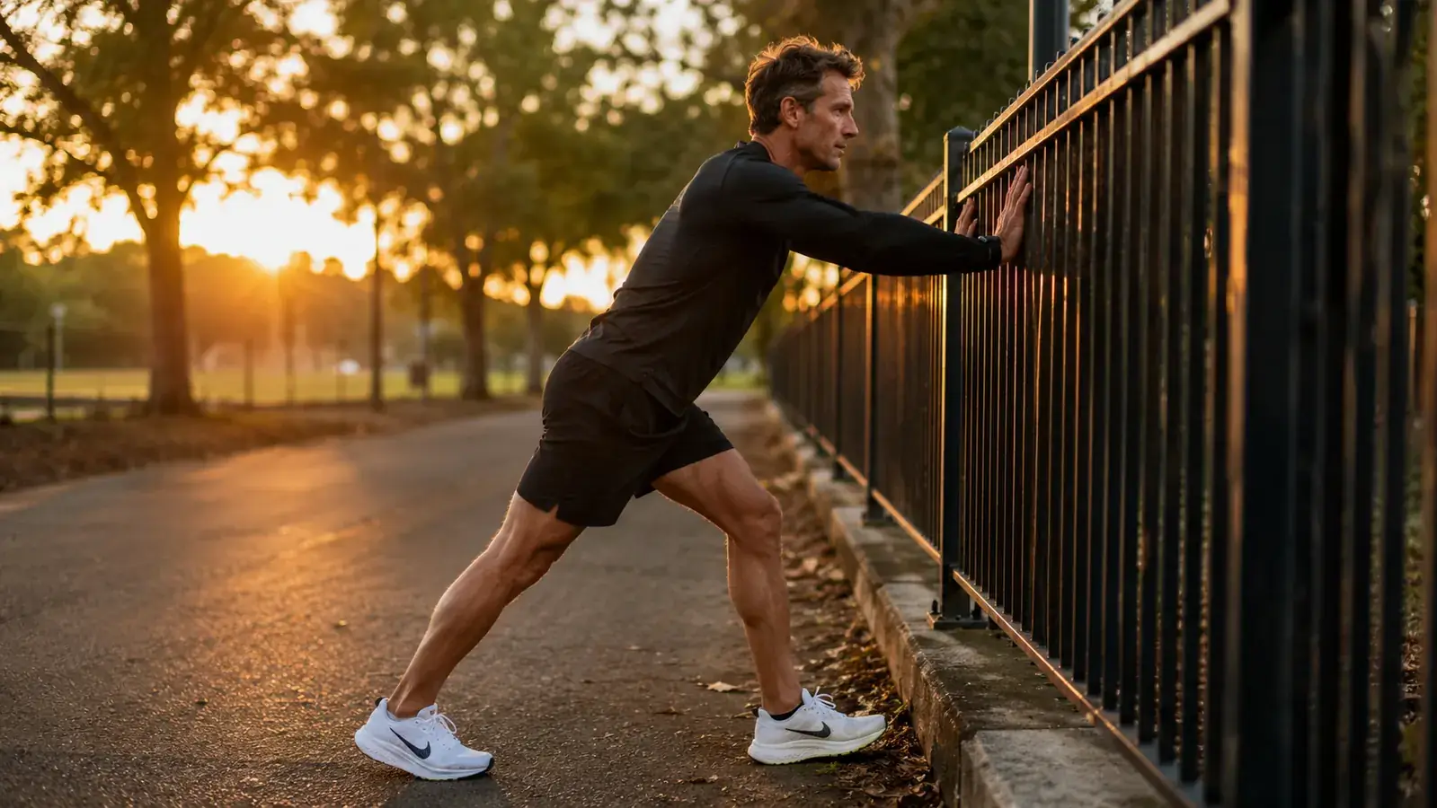 Person lacing up running shoes on a track, legs looking fresh and ready after a rest day with compression boots